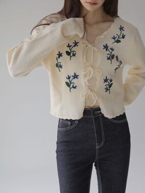 Cream Floral Embroidered Tie-Front Cardigan